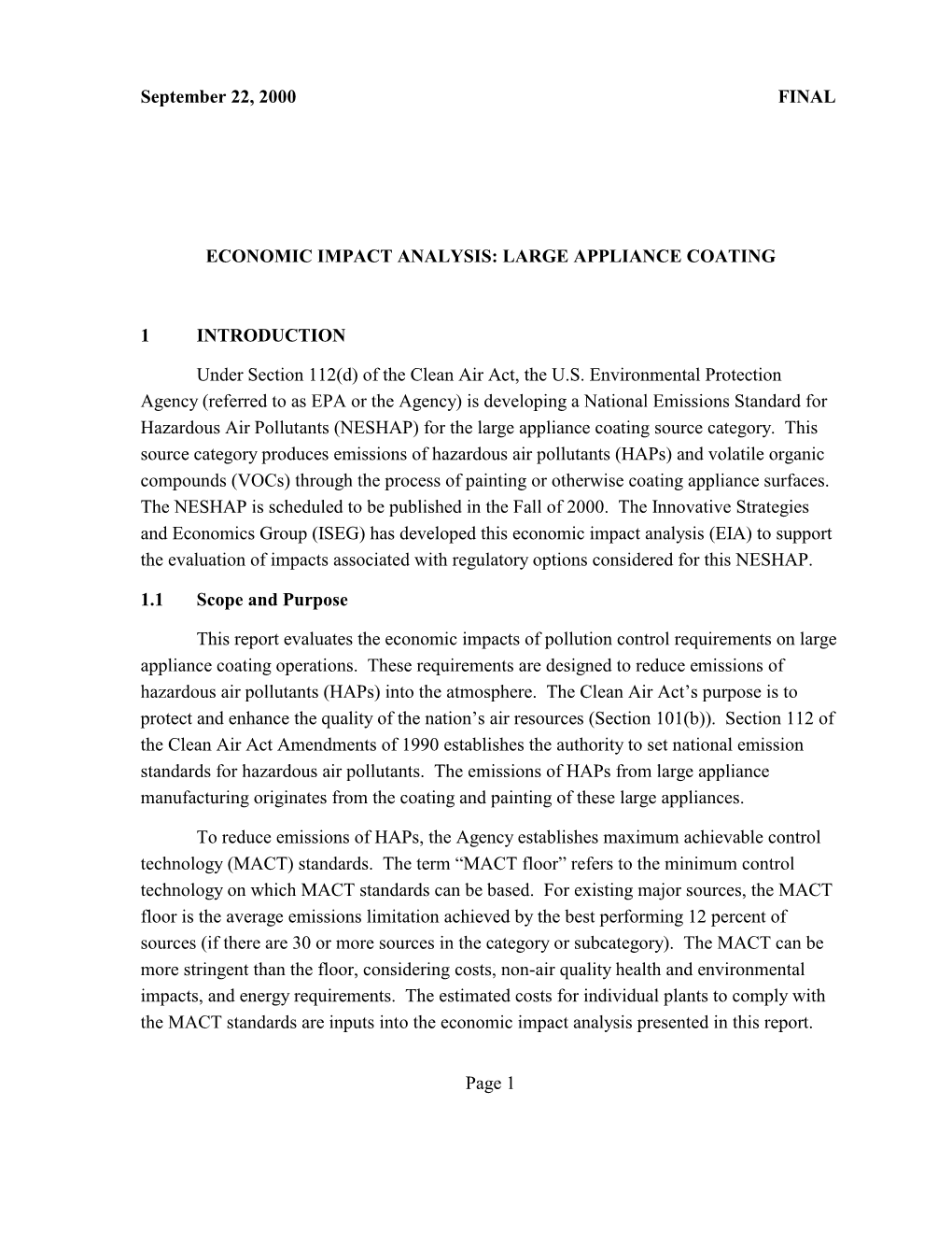 September 22, 2000 FINAL ECONOMIC IMPACT ANALYSIS