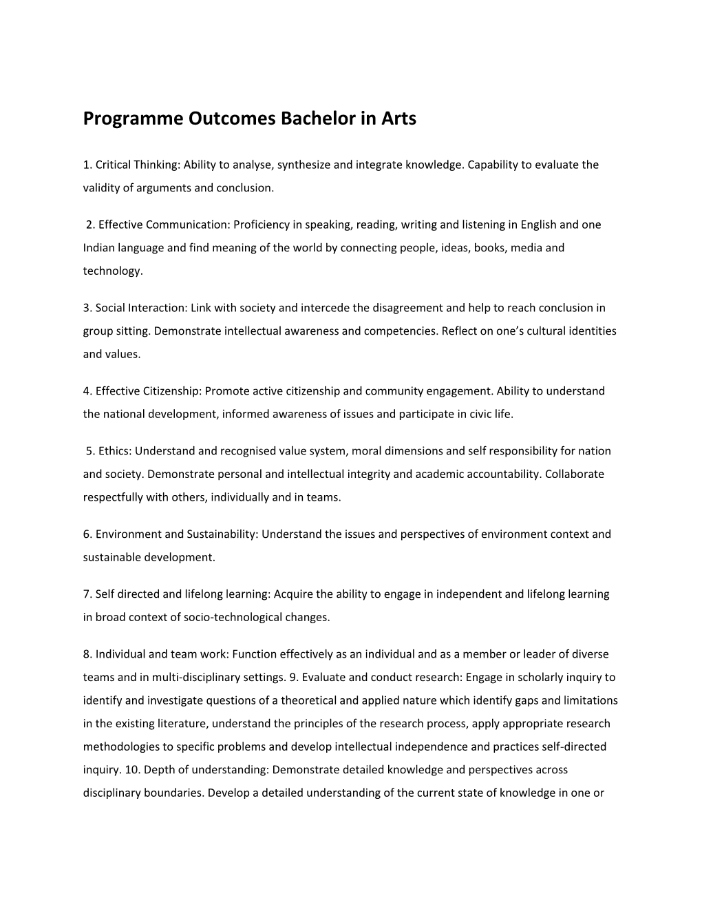 Programme Outcomes Bachelor in Arts