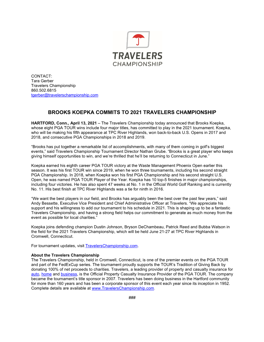 Brooks Koepka Commits to 2021 Travelers Championship