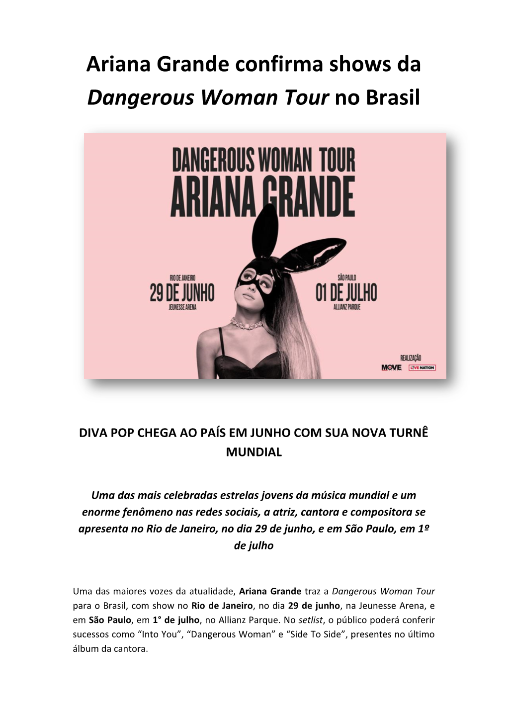 Ariana Grande Confirma Shows Da Dangerous Woman Tour No Brasil