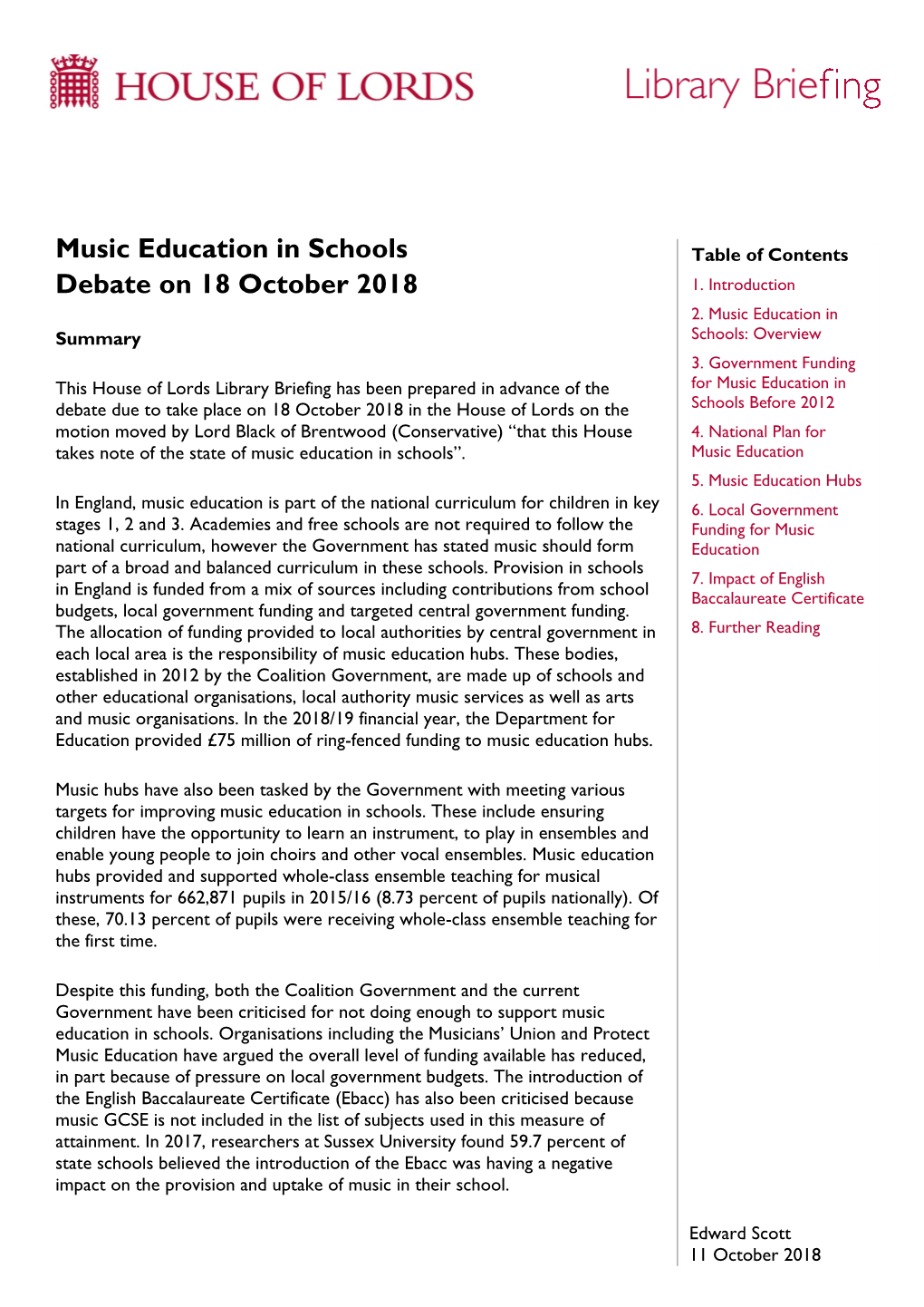 Music Education in Schools Debate on 18 October 2018