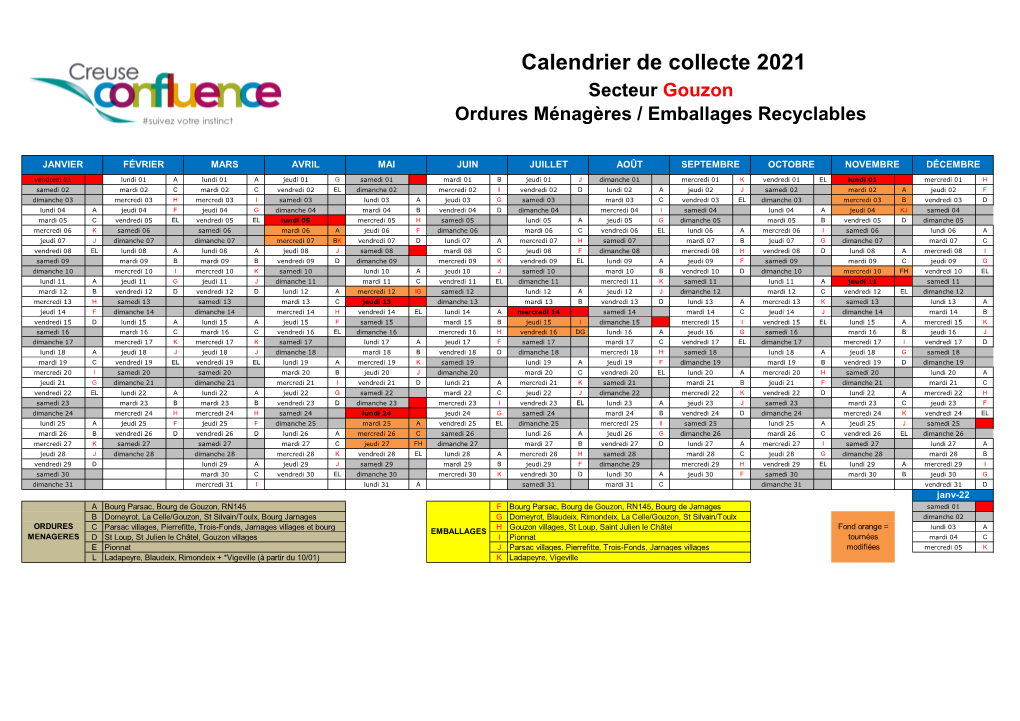 Calendrier De Collecte 2021 Secteur Gouzon Ordures Ménagères / Emballages Recyclables