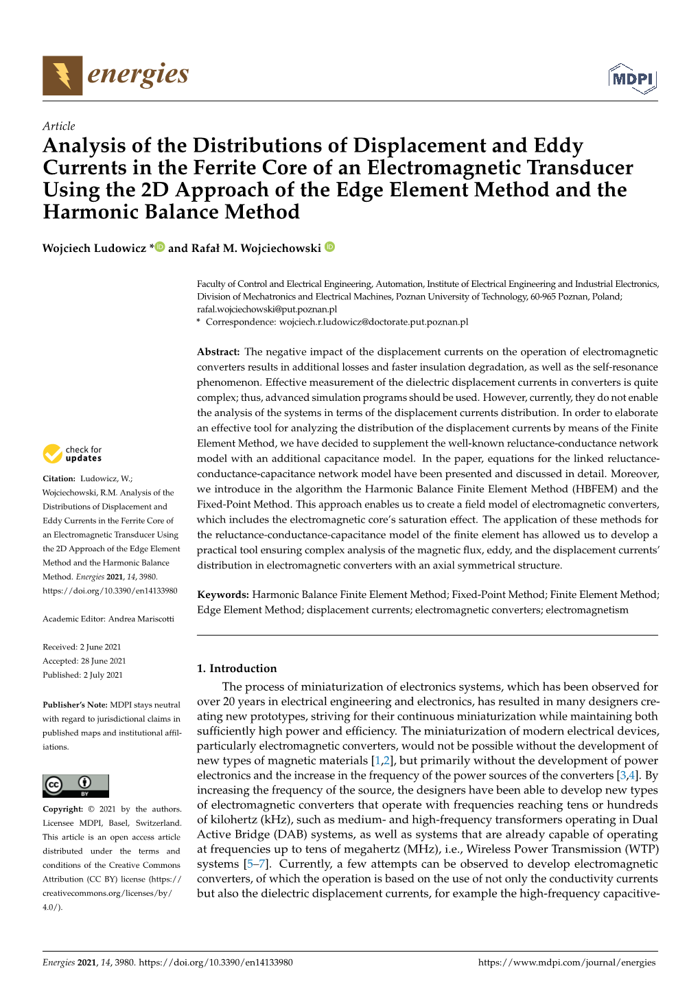 Analysis of the Distributions of Displacement and Eddy Currents in the Ferrite Core of an Electromagnetic Transducer Using the 2