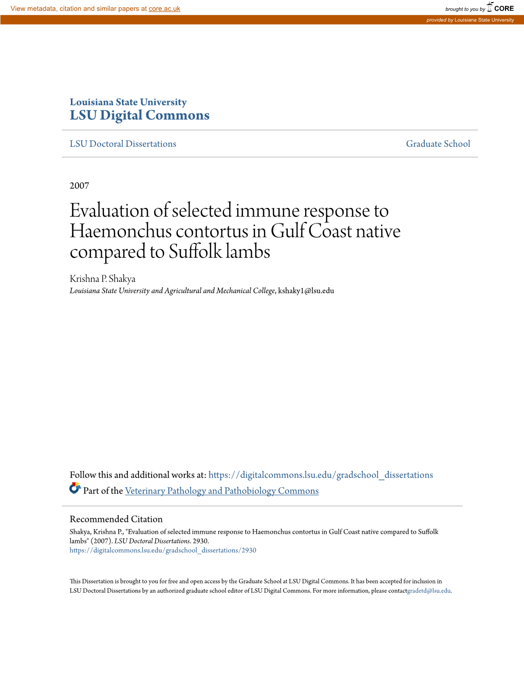 Evaluation of Selected Immune Response to Haemonchus Contortus in Gulf Coast Native Compared to Suffolk Lambs Krishna P