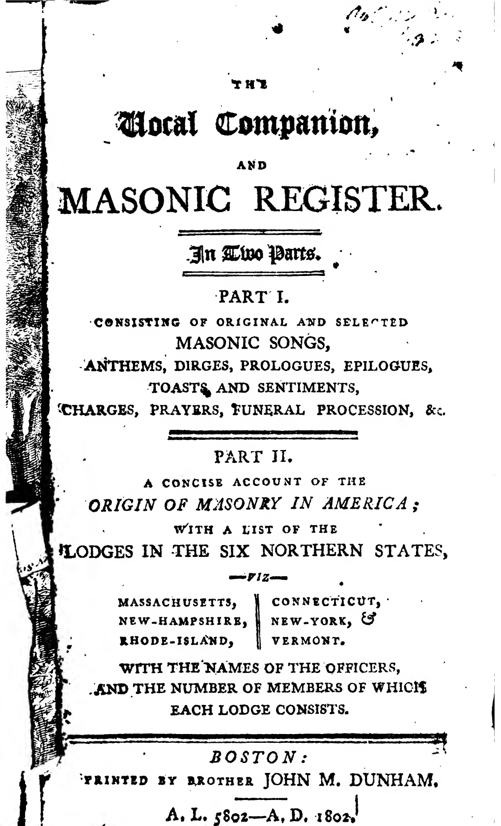 The Vocal Companion and Masonic Register 1802