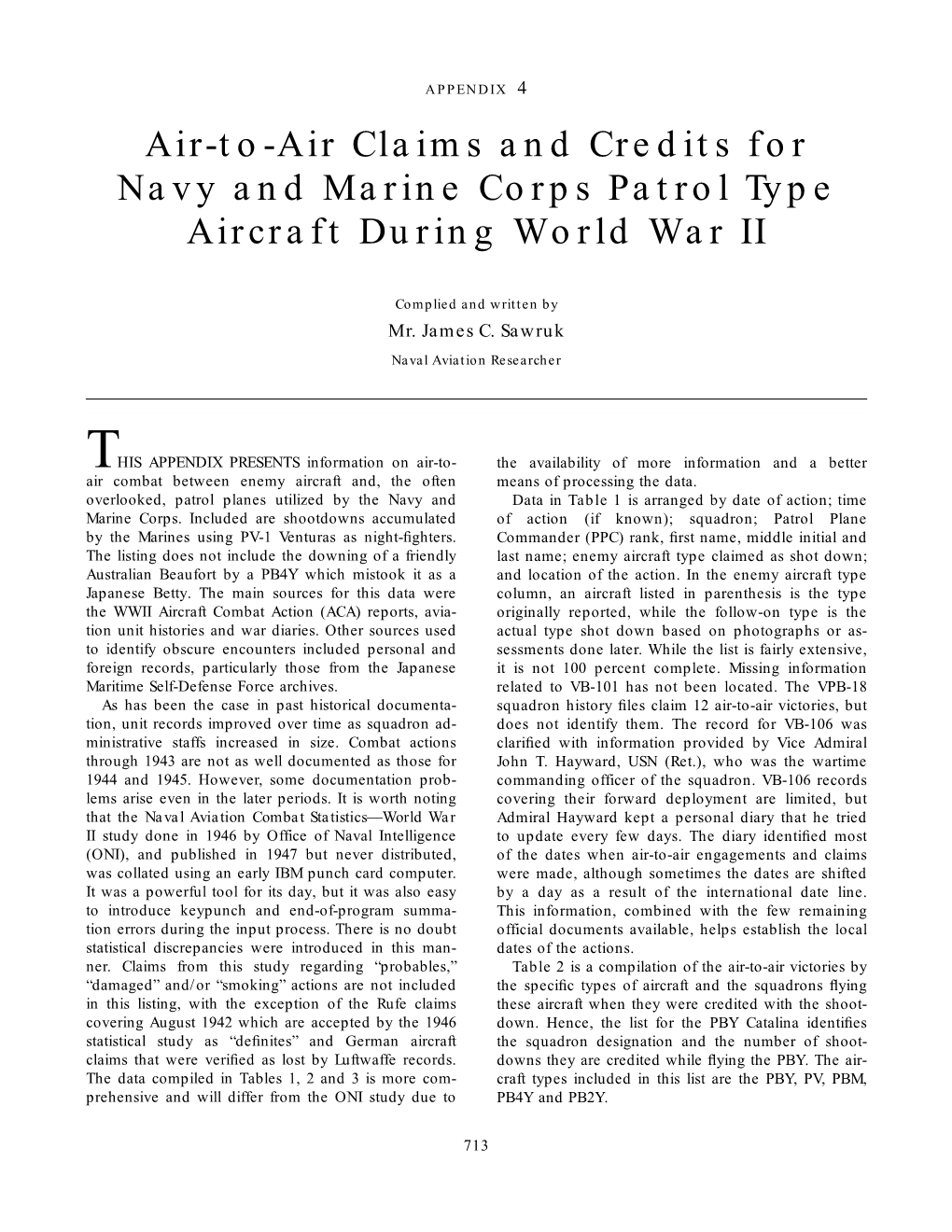 Appendix 4: Air to Air Claims and Credits for Navy and Marine Corps Patrol Type Aircraft