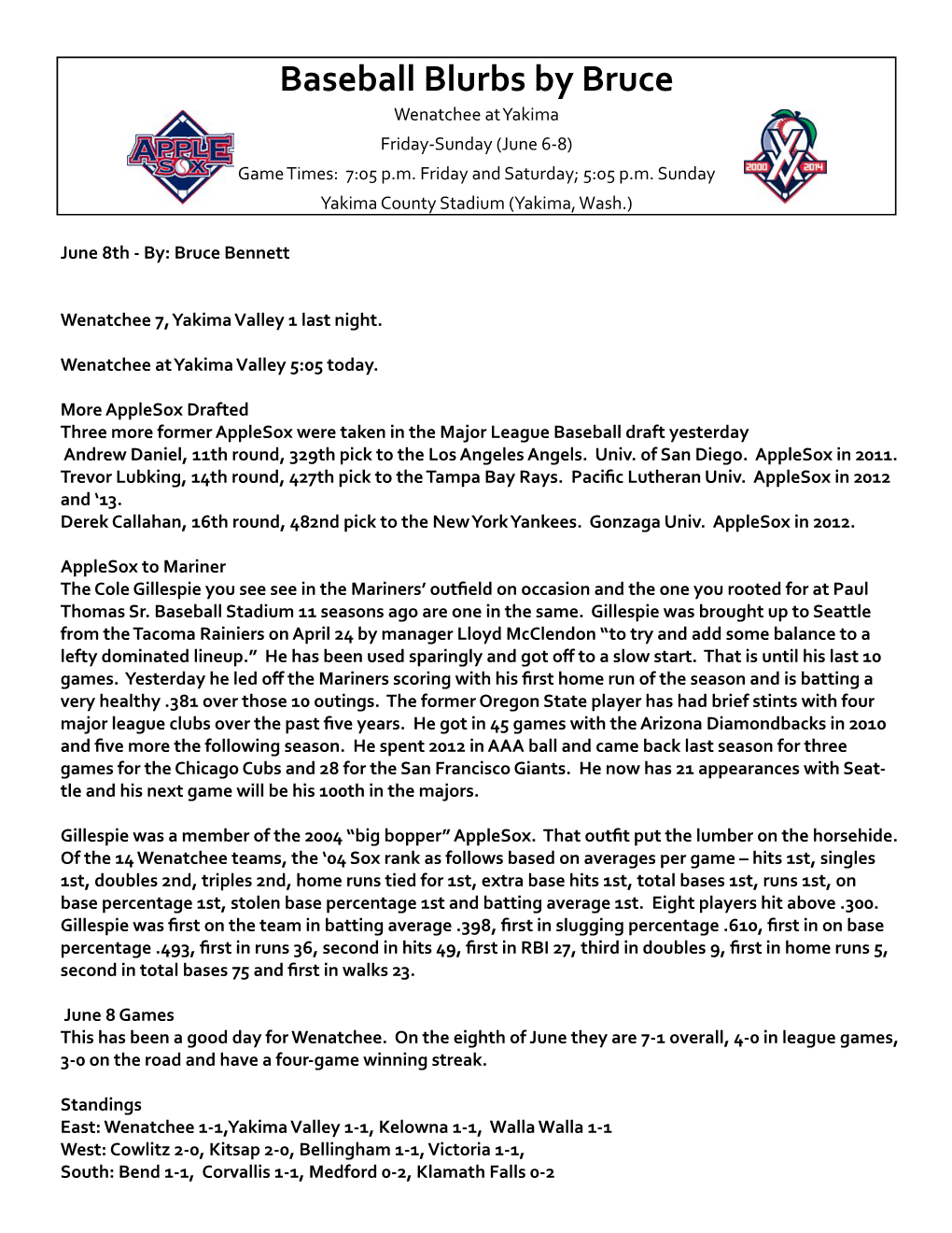 Baseball Blurbs by Bruce Wenatchee at Yakima Friday-Sunday (June 6-8) Game Times: 7:05 P.M