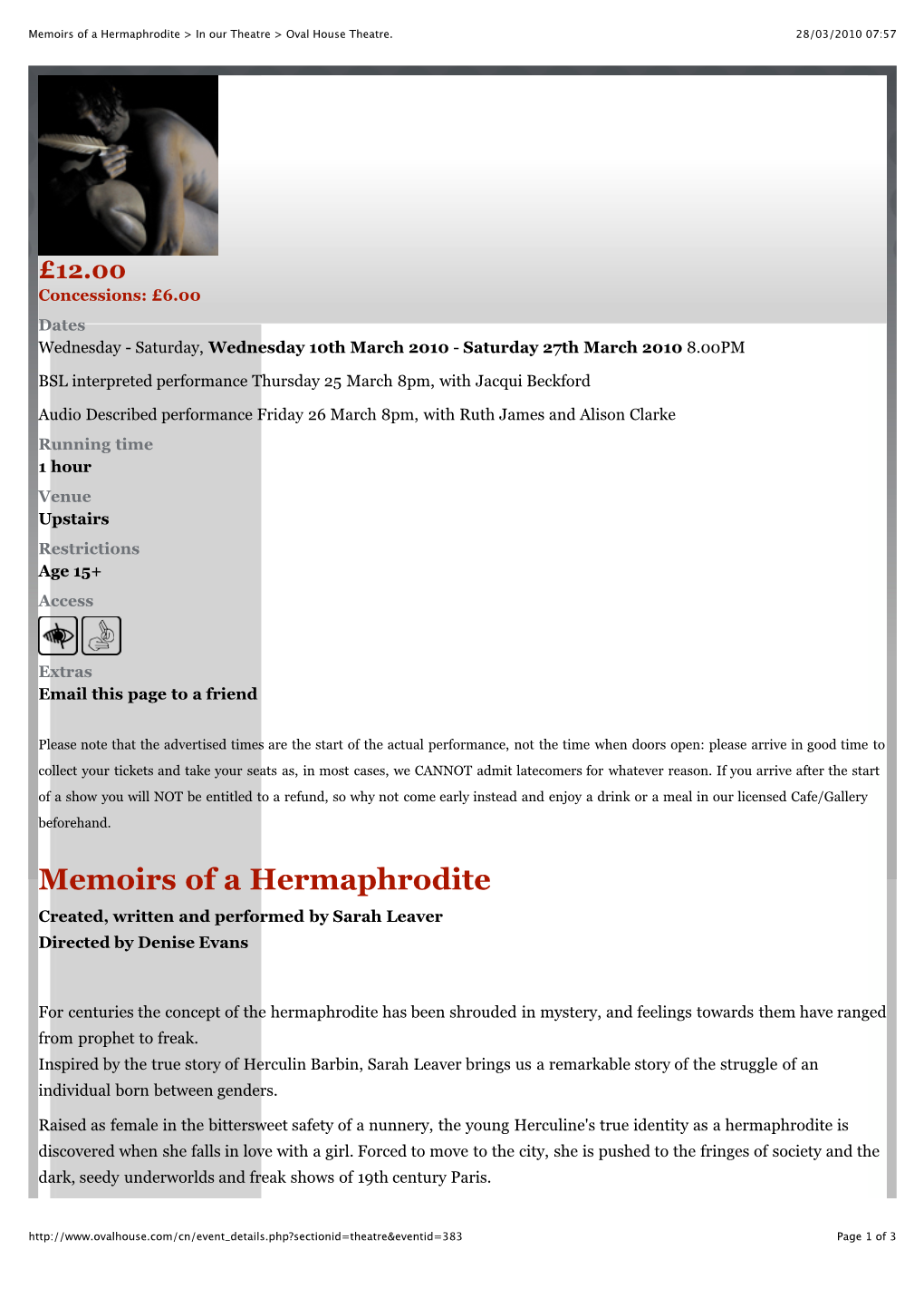 Memoirs of a Hermaphrodite &gt; in Our Theatre &gt; Oval House Theatre