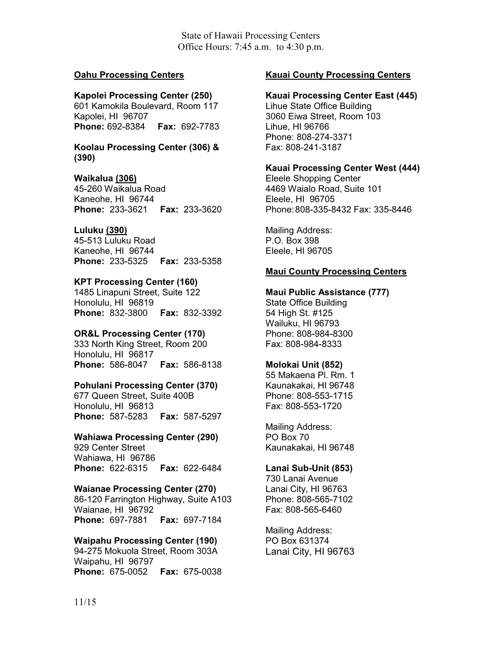 Oahu Processing Centers Kauai County Processing Centers