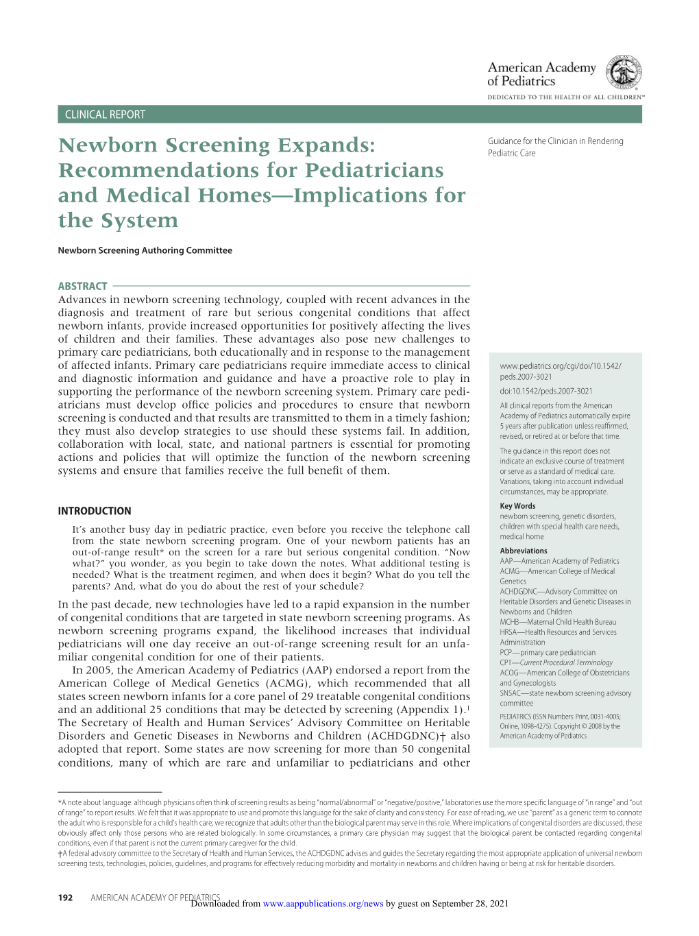 Newborn Screening Expands: Pediatric Care Recommendations for Pediatricians and Medical Homes—Implications for the System