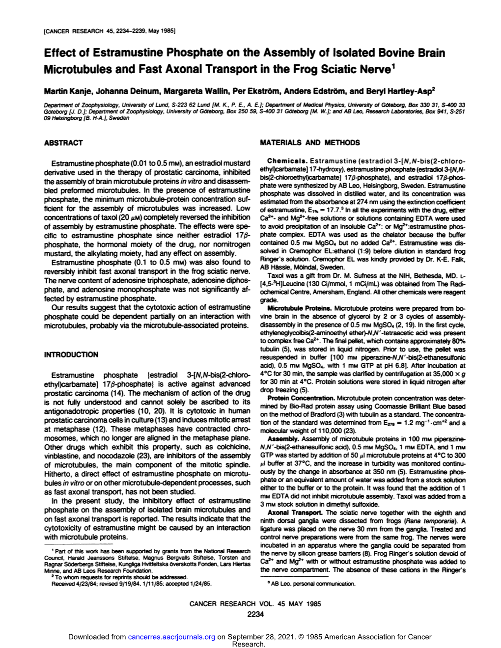 Effect of Estramustine Phosphate on the Assembly of Isolated Bovine Brain Microtubules and Fast Axonal Transport in the Frog Sciatic Nerve1