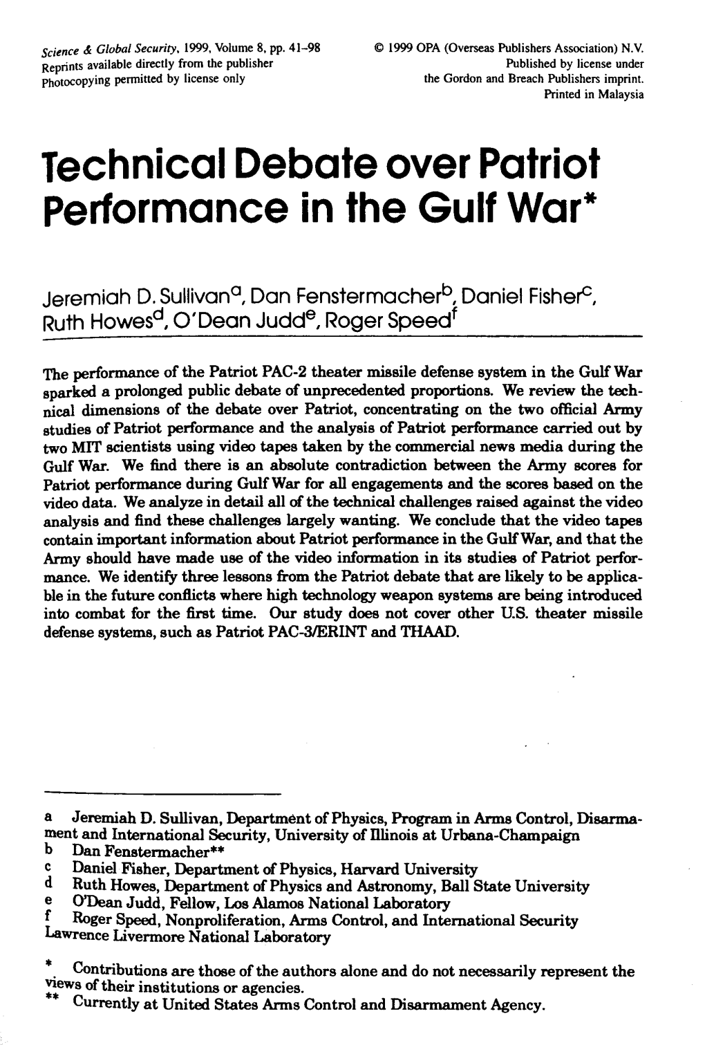 Technical Debate Over Patriot Performance in the Gulf War*