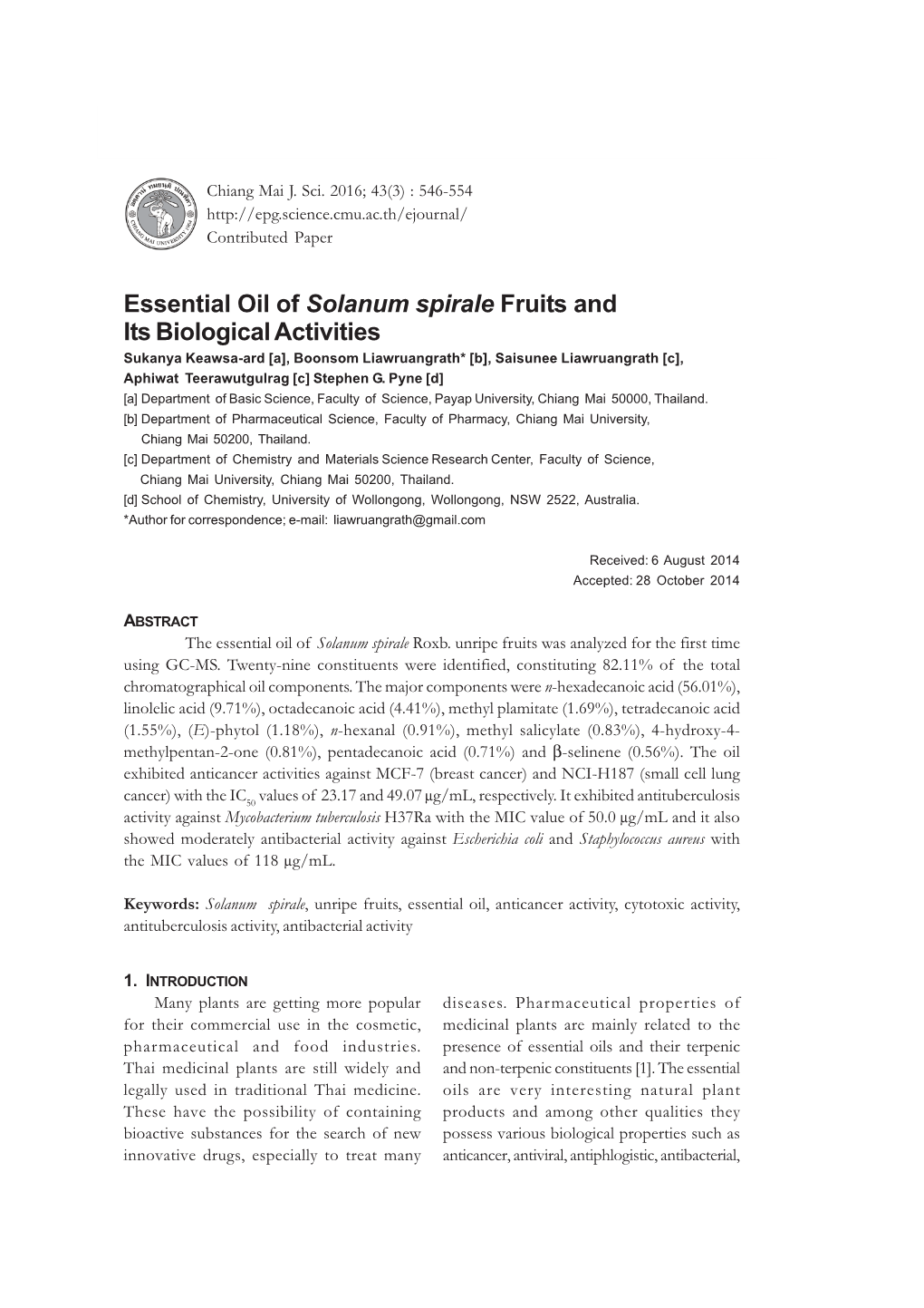 Essential Oil of Solanum Spirale Fruits and Its Biological