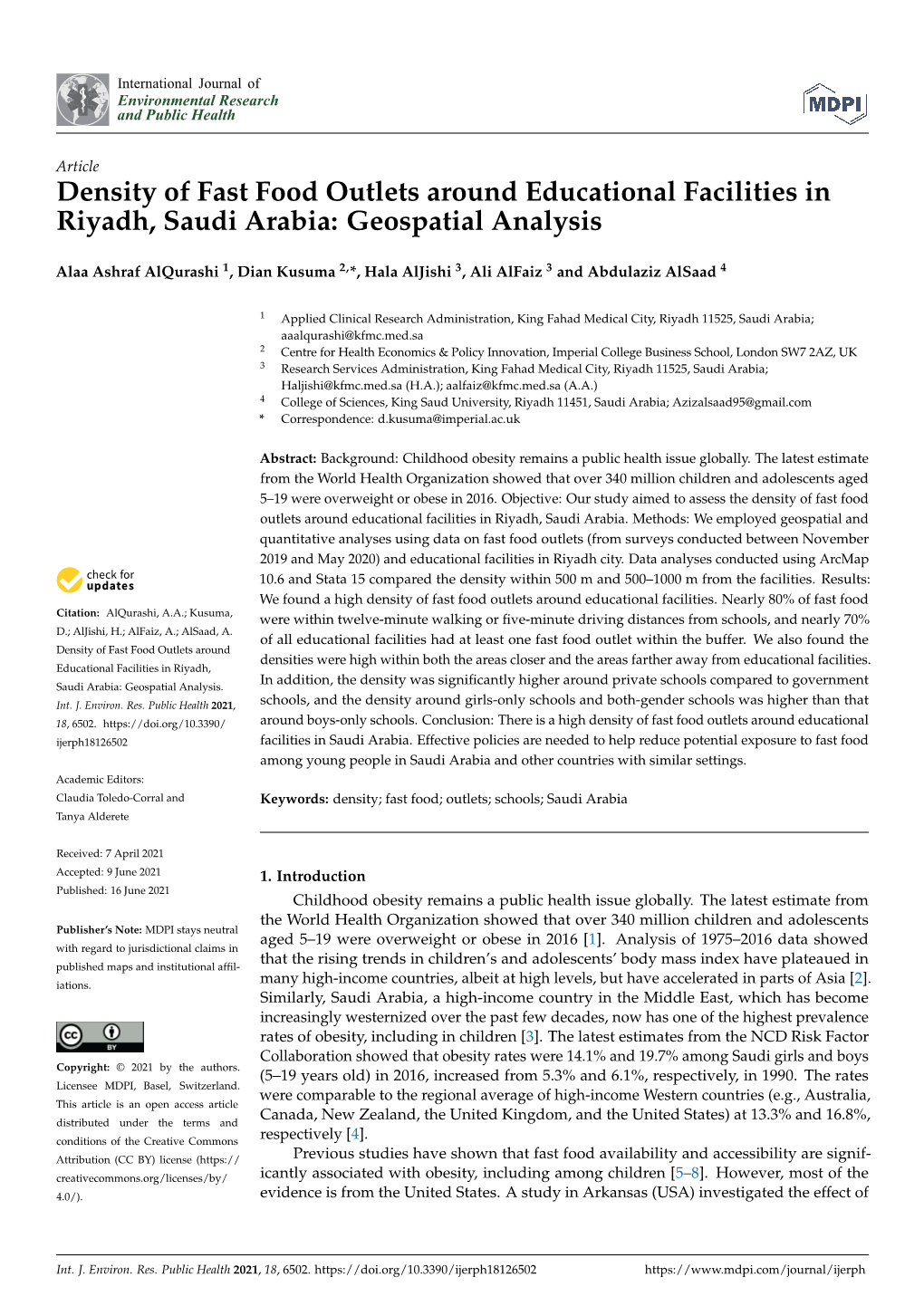 Density of Fast Food Outlets Around Educational Facilities in Riyadh, Saudi Arabia: Geospatial Analysis