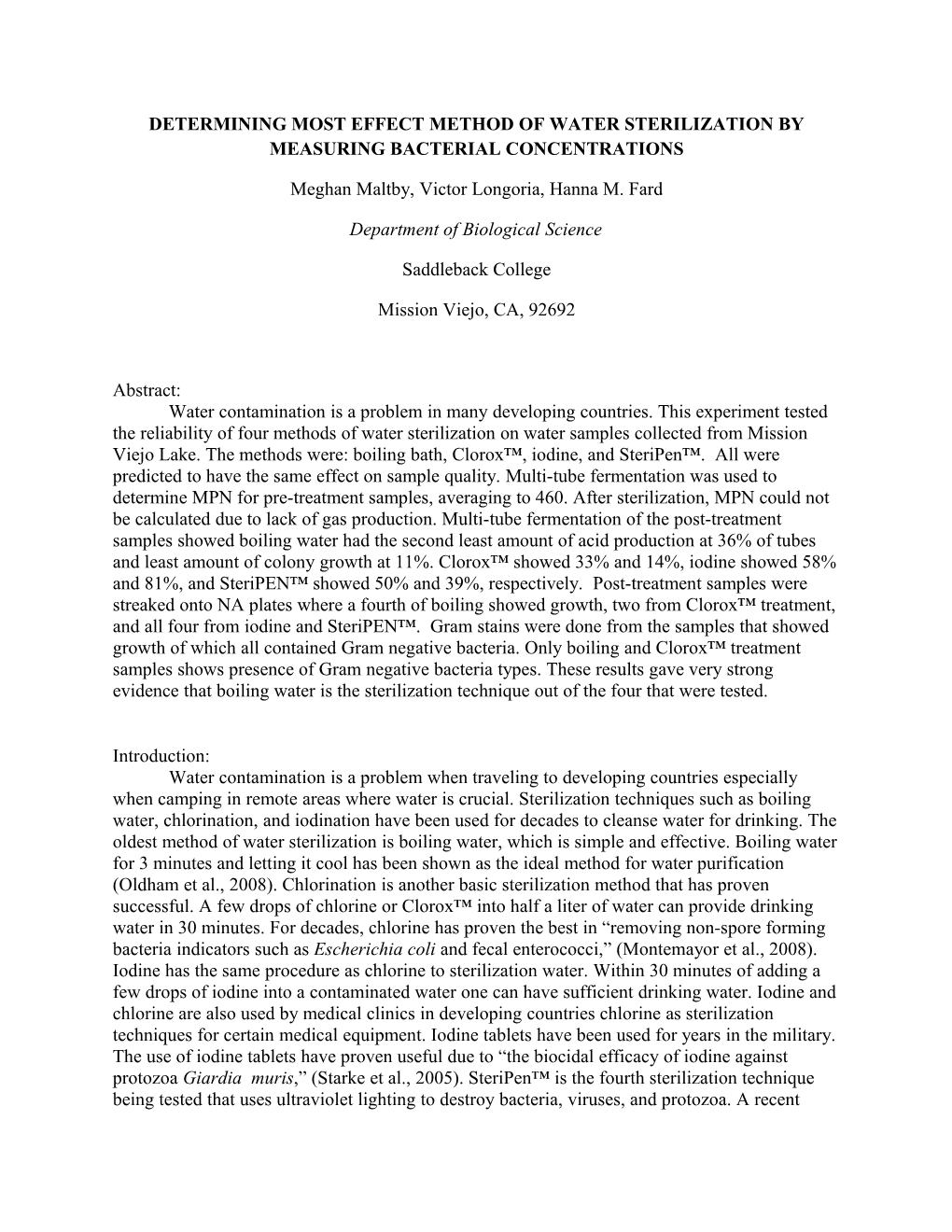 Determining Most Effect Method of Water Sterilization by Measuring Bacterial Concentrations