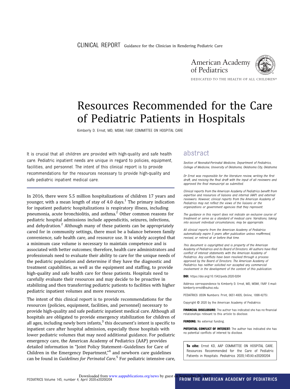 Resources Recommended for the Care of Pediatric Patients in Hospitals Kimberly D