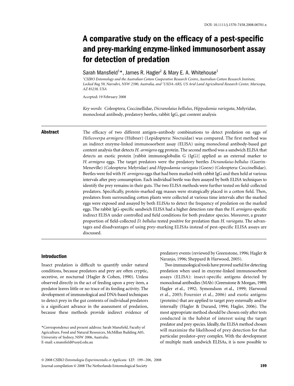 A Comparative Study on the Efficacy of a Pest-Specific and Prey-Marking Enzyme-Linked Immunosorbent Assay for Detection of Predation