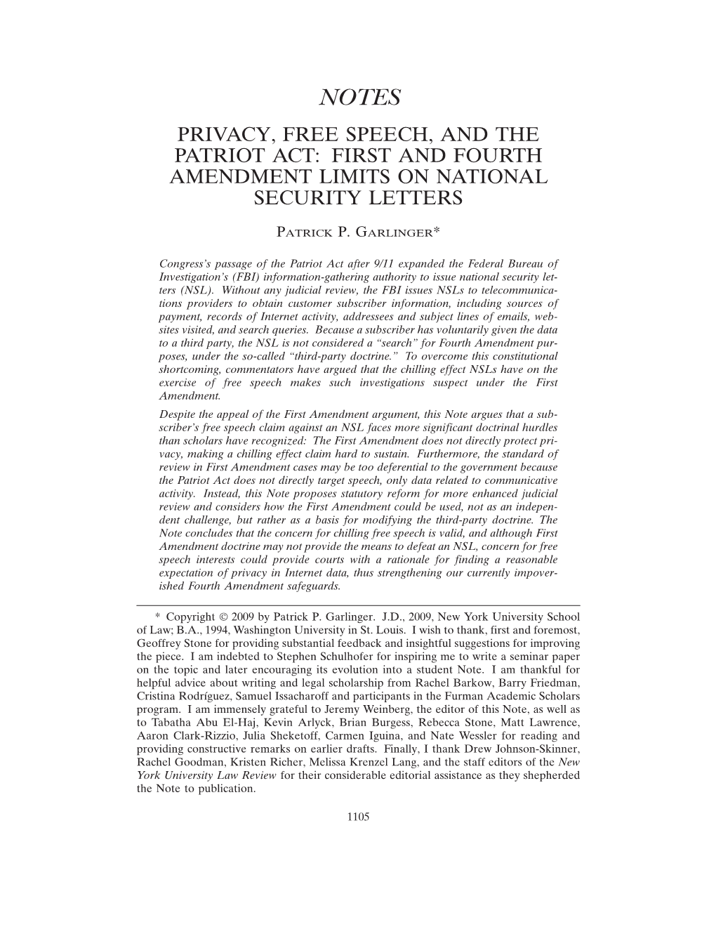 Privacy, Free Speech, and the Patriot Act: First and Fourth Amendment Limits on National Security Letters