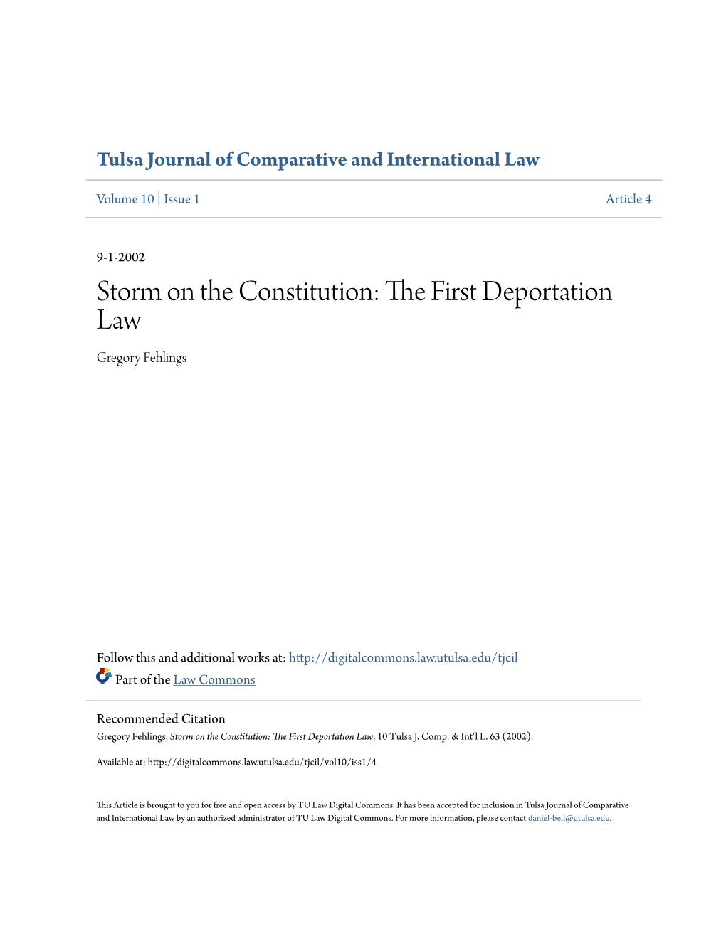 Storm on the Constitution: the First Deportation Law, 10 Tulsa J