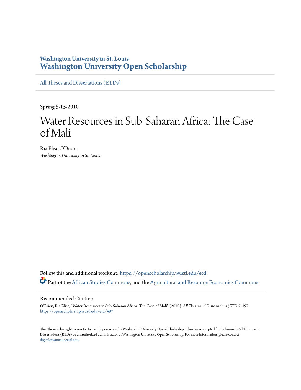 Water Resources in Sub-Saharan Africa: the Ac Se of Mali Ria Elise O'brien Washington University in St