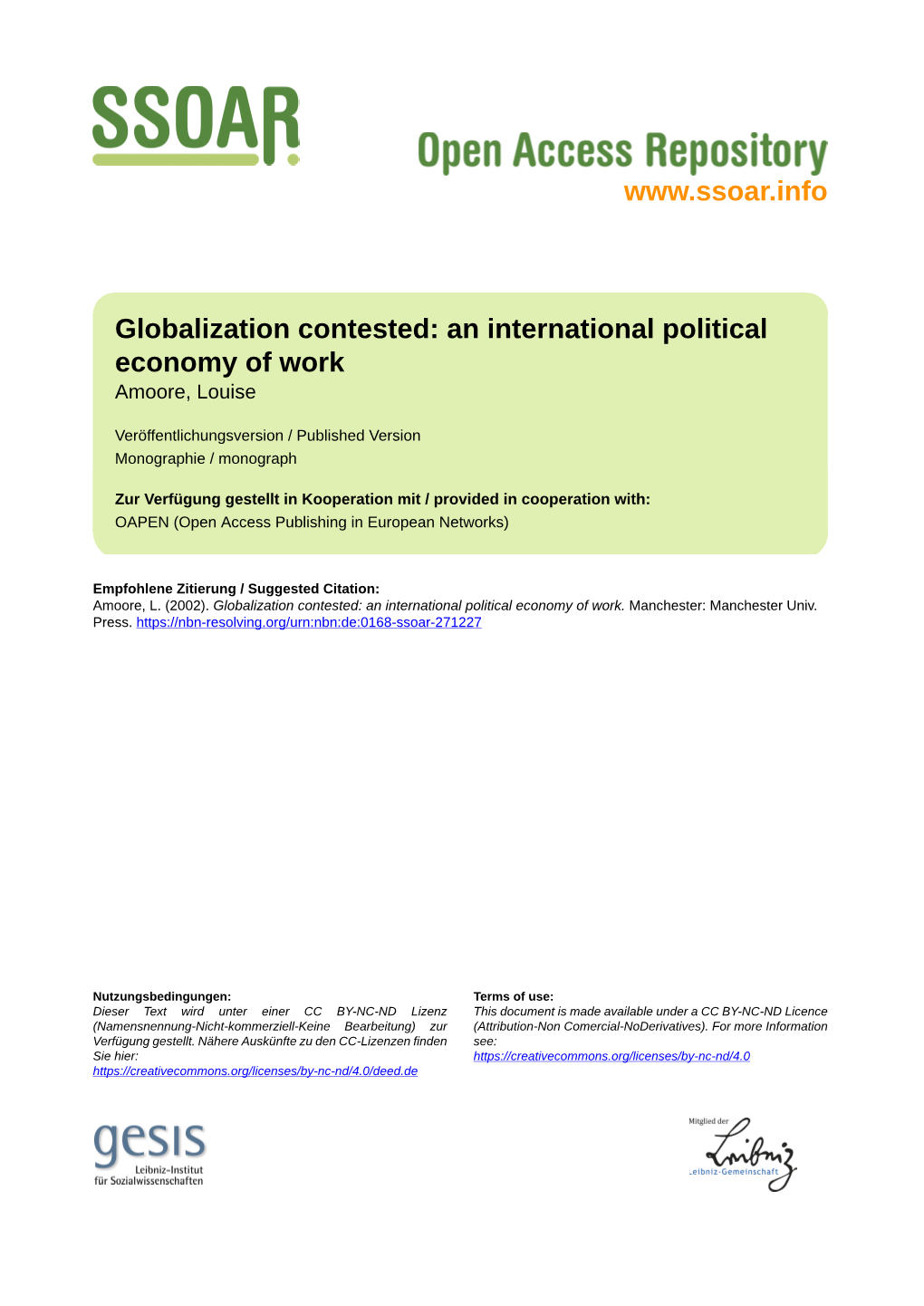 An International Political Economy of Work Amoore, Louise