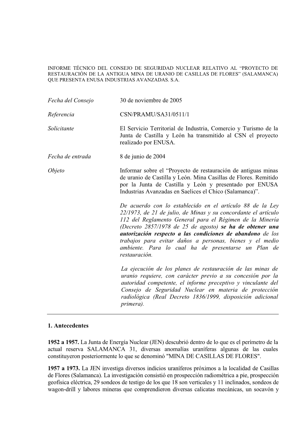 Informe Técnico Del Consejo De Seguridad Nuclear Relativo Al