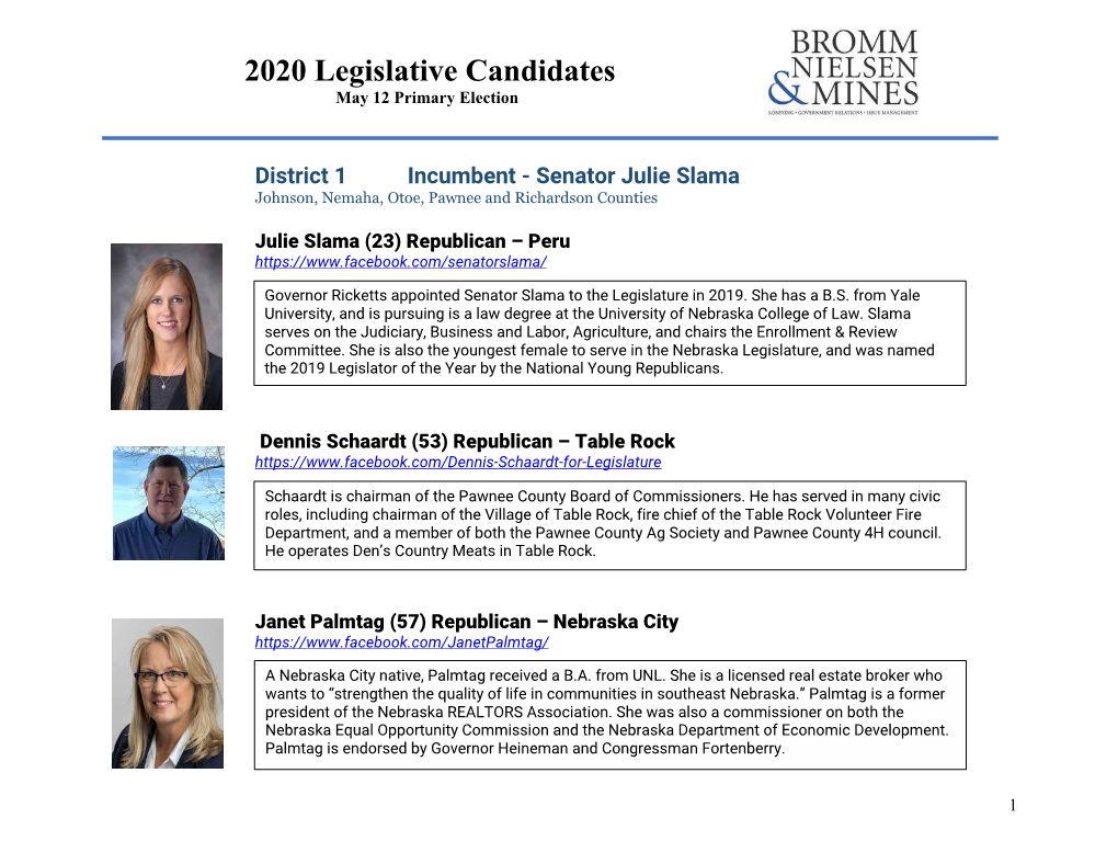 2020 Legislative Candidates May 12 Primary Election