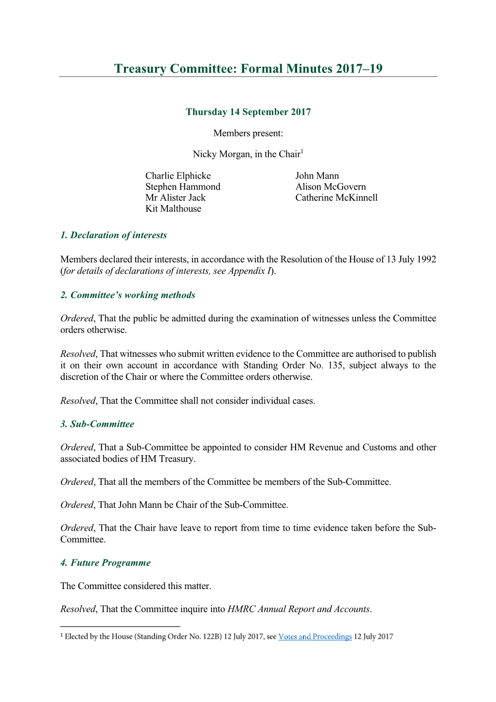 Treasury Committee: Formal Minutes 2017–19