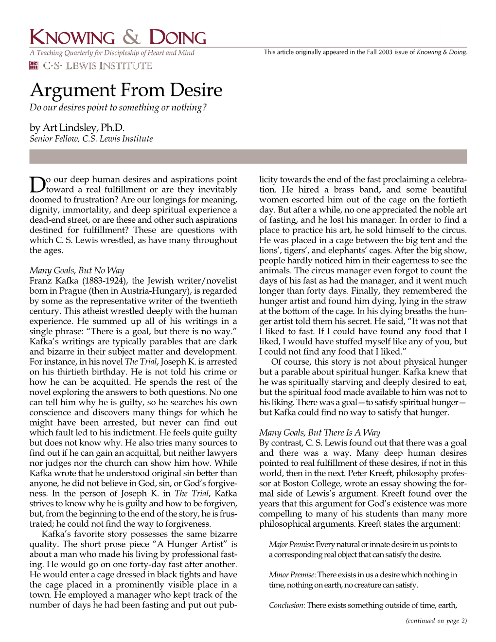 Argument from Desire Do Our Desires Point to Something Or Nothing? by Art Lindsley, Ph.D