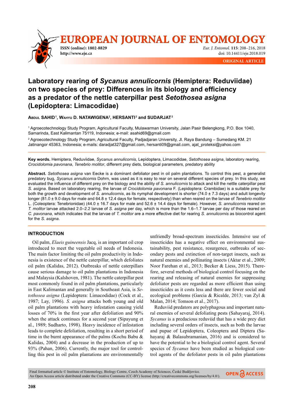 Laboratory Rearing of Sycanus Annulicornis (Hemiptera: Reduviidae)