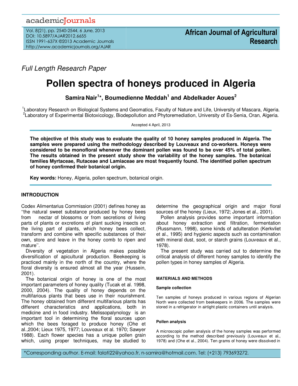 Pollen Spectra of Honeys Produced in Algeria