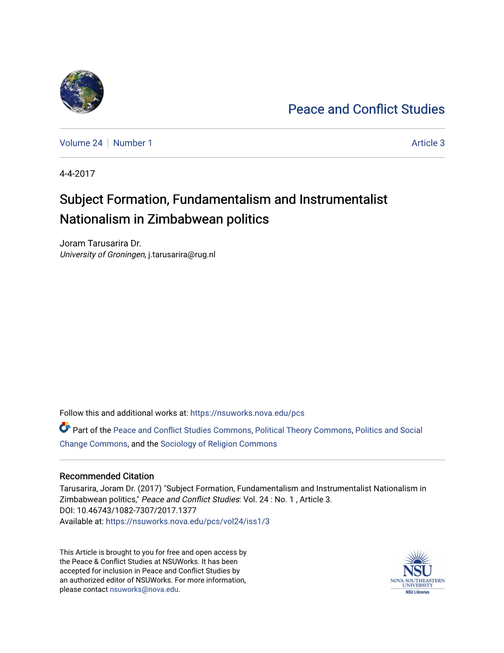 Subject Formation, Fundamentalism and Instrumentalist Nationalism in Zimbabwean Politics