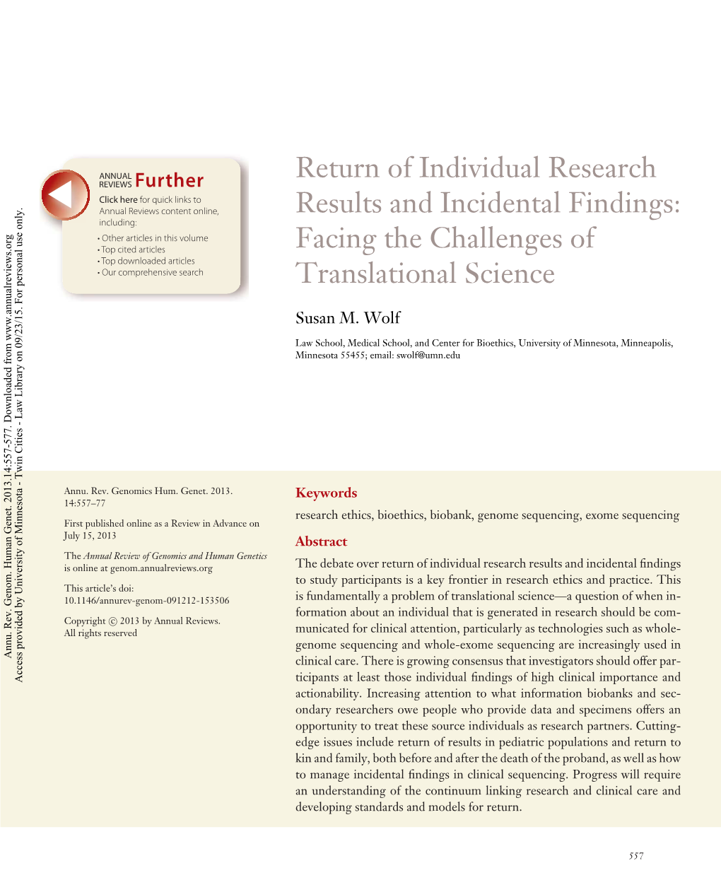 Return of Individual Research Results and Incidental Findings: Facing the Challenges of Translational Science