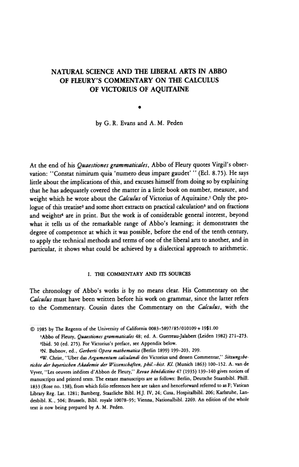 Natural Science and the Liberal Arts in Abbo of Fleury's Commentary on the Calculus of Victorius of Aquitaine