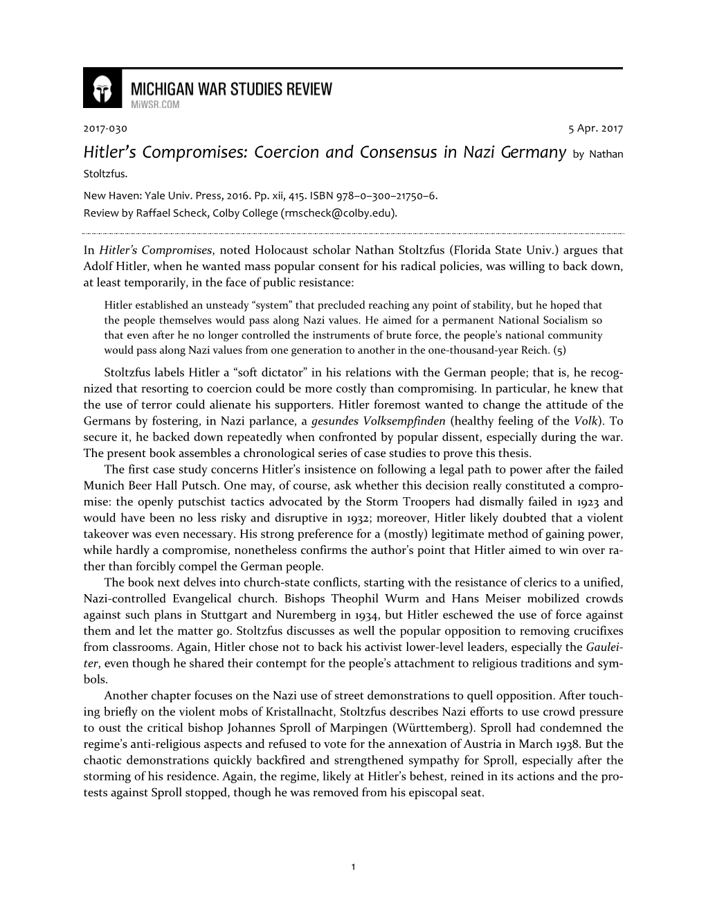 Hitler's Compromises: Coercion and Consensus in Nazi Germany By