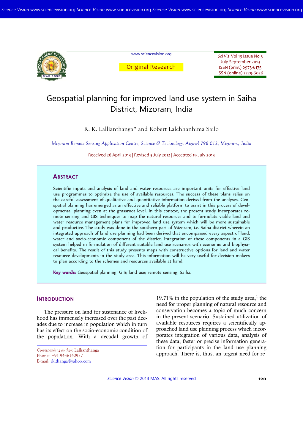 Geospatial Planning for Improved Land Use System in Saiha District, Mizoram, India