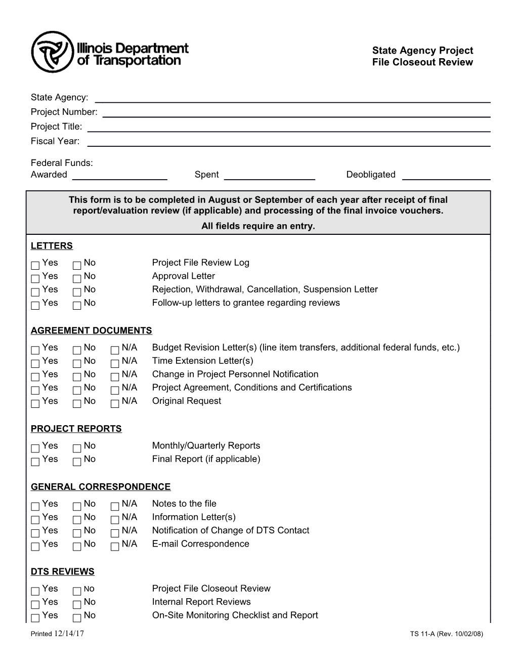 State Agency Project File Closeout Review