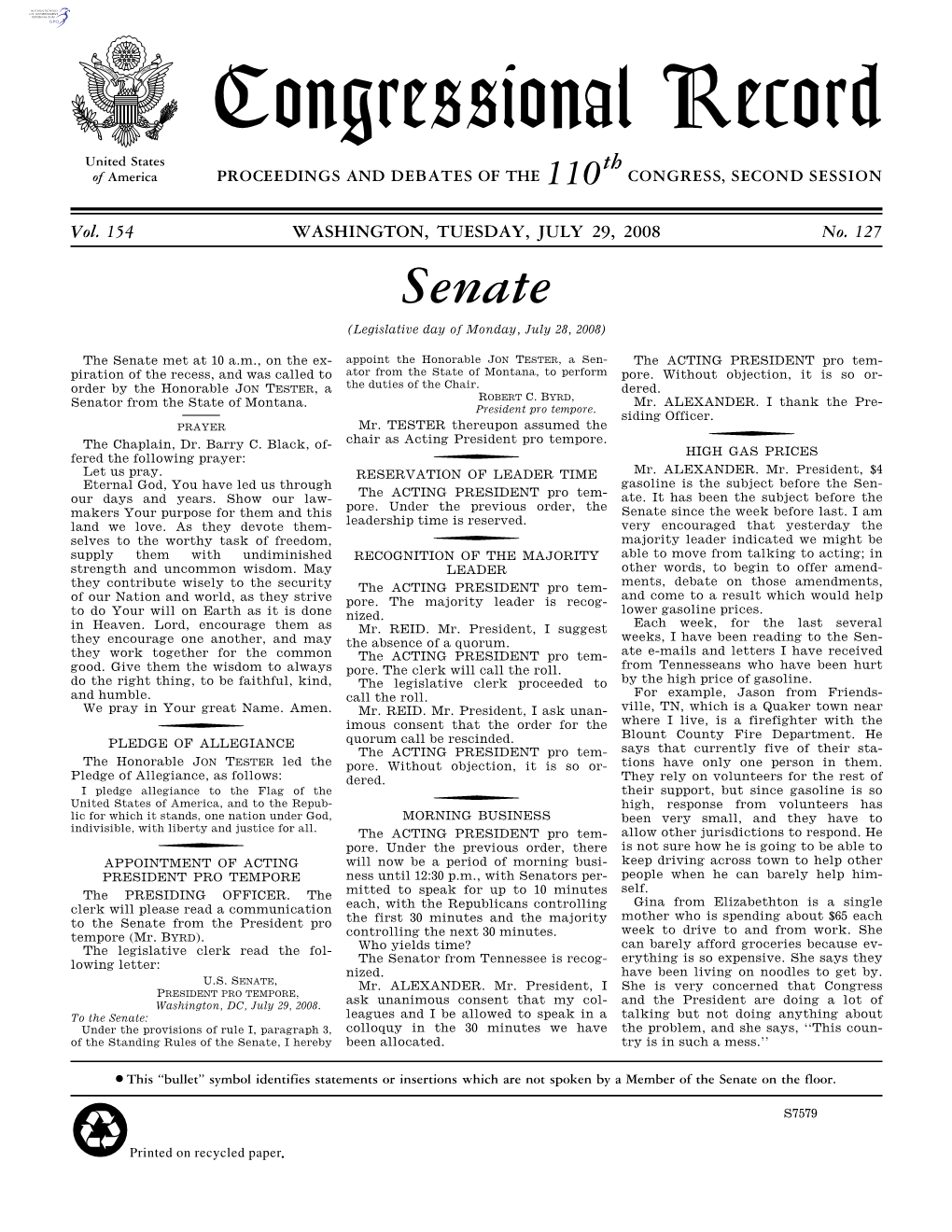 Congressional Record United States Th of America PROCEEDINGS and DEBATES of the 110 CONGRESS, SECOND SESSION