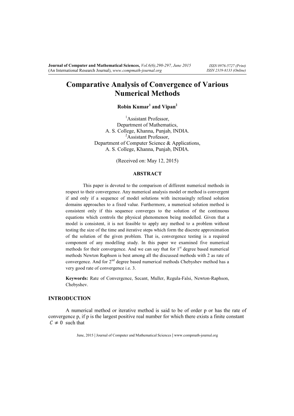 Comparative Analysis of Convergence of Various Numerical Methods