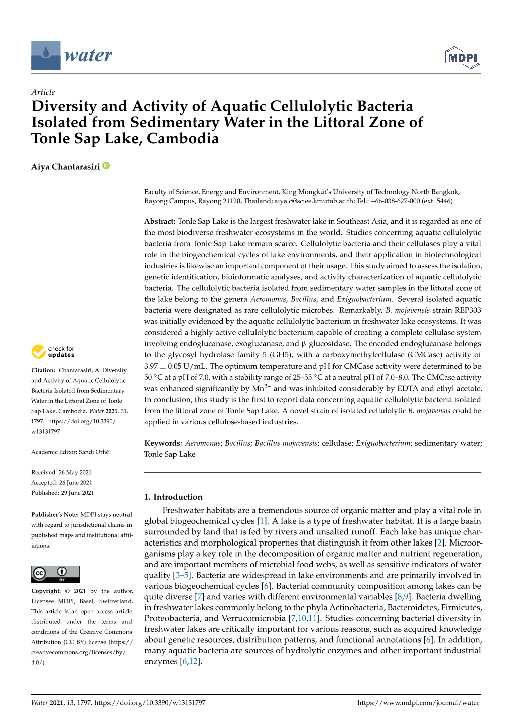 Diversity and Activity of Aquatic Cellulolytic Bacteria Isolated from Sedimentary Water in the Littoral Zone of Tonle Sap Lake, Cambodia
