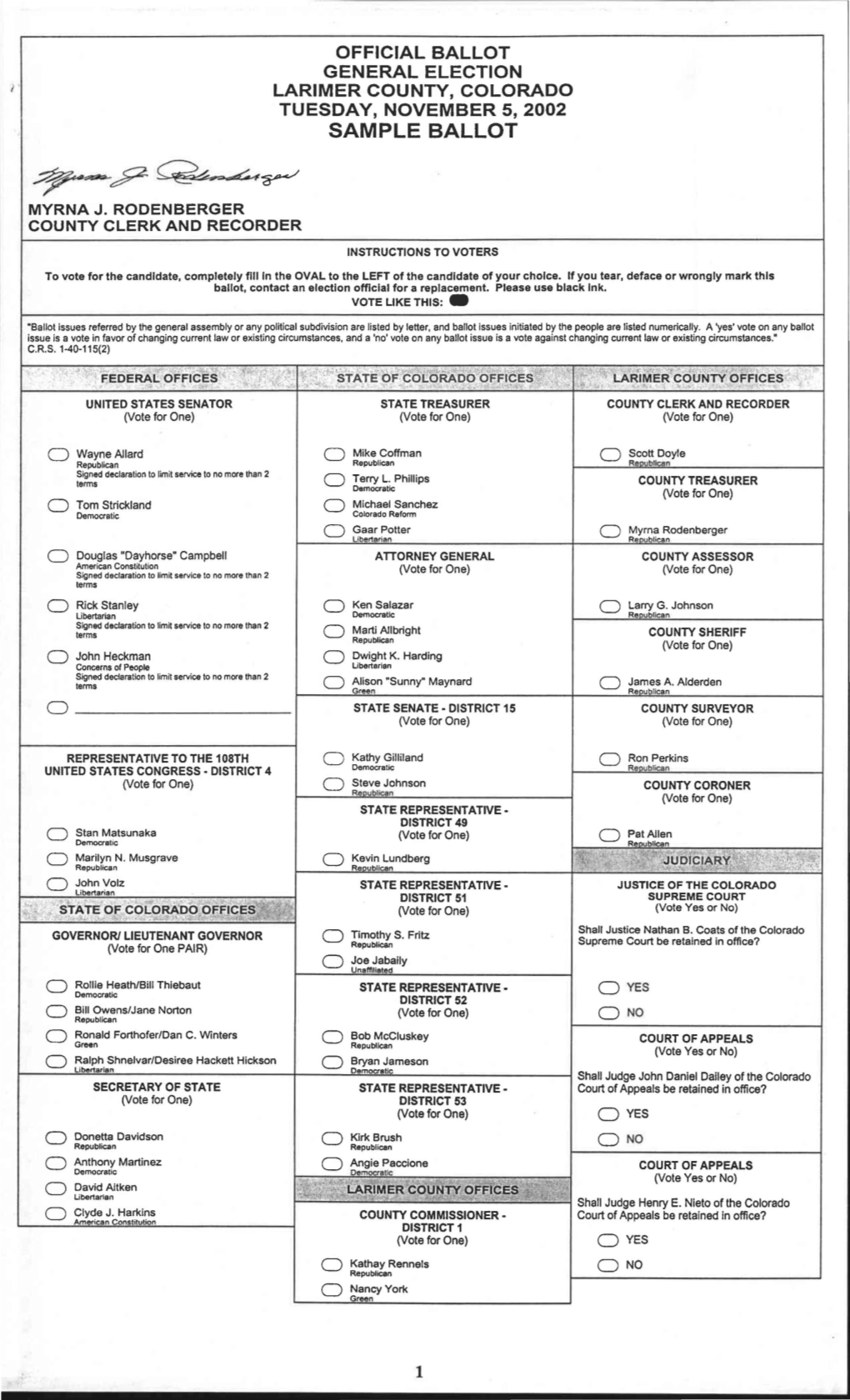 SAMPLE BALLOT ~P~~ MYRNAJ.RODENBERGER COUNTY CLERK and RECORDER