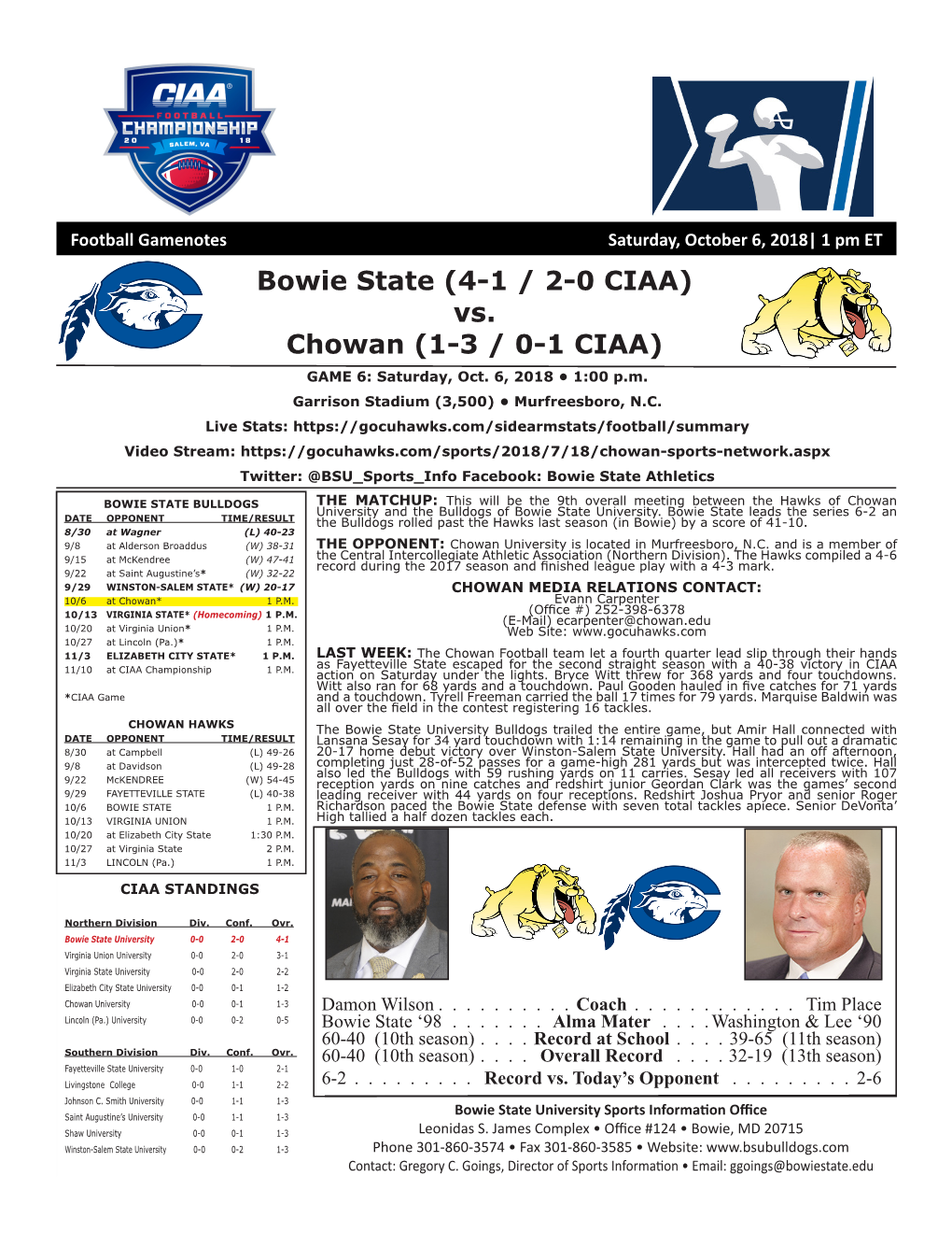 Vs. Chowan (1-3 / 0-1 CIAA) GAME 6: Saturday, Oct