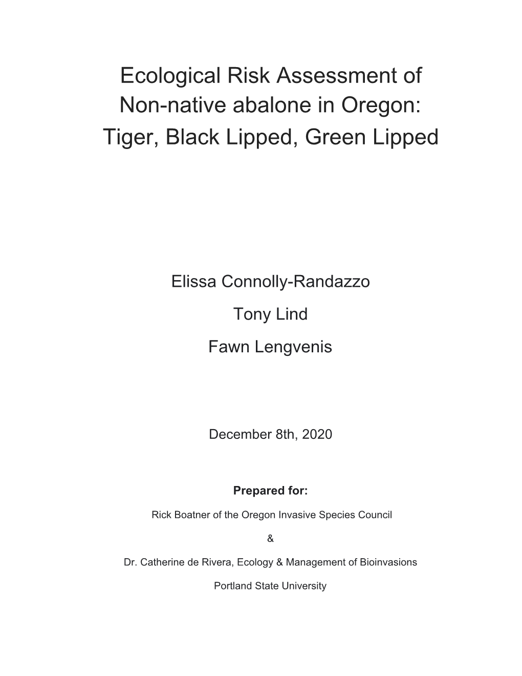 Ecological Risk Assessment of Non-Native Abalone in Oregon: Tiger, Black Lipped, Green Lipped