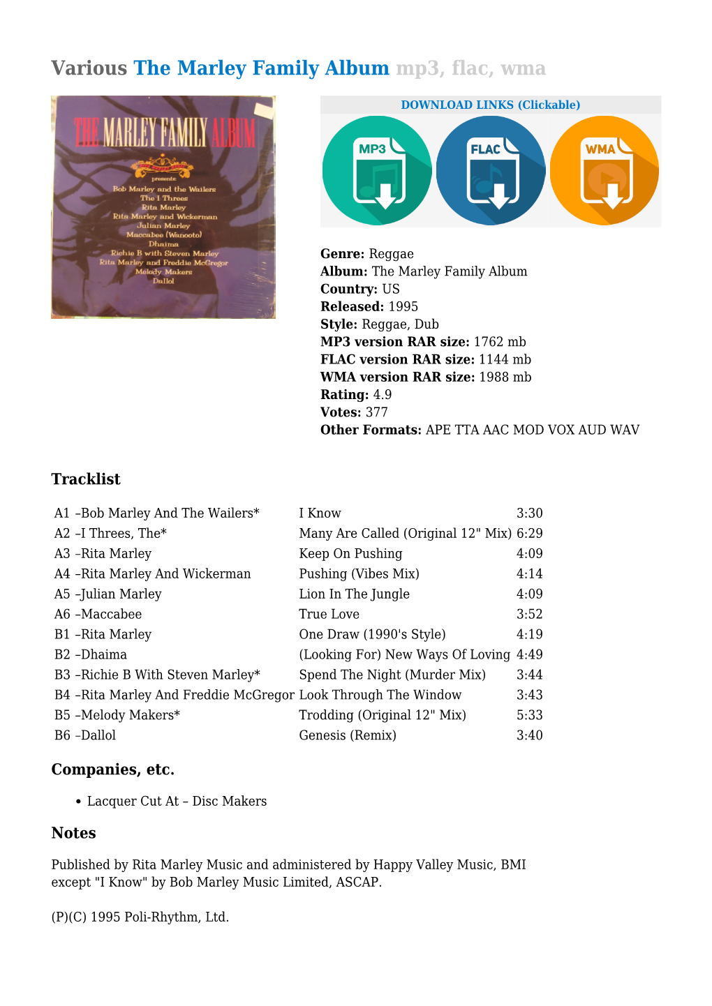 Various the Marley Family Album Mp3, Flac, Wma