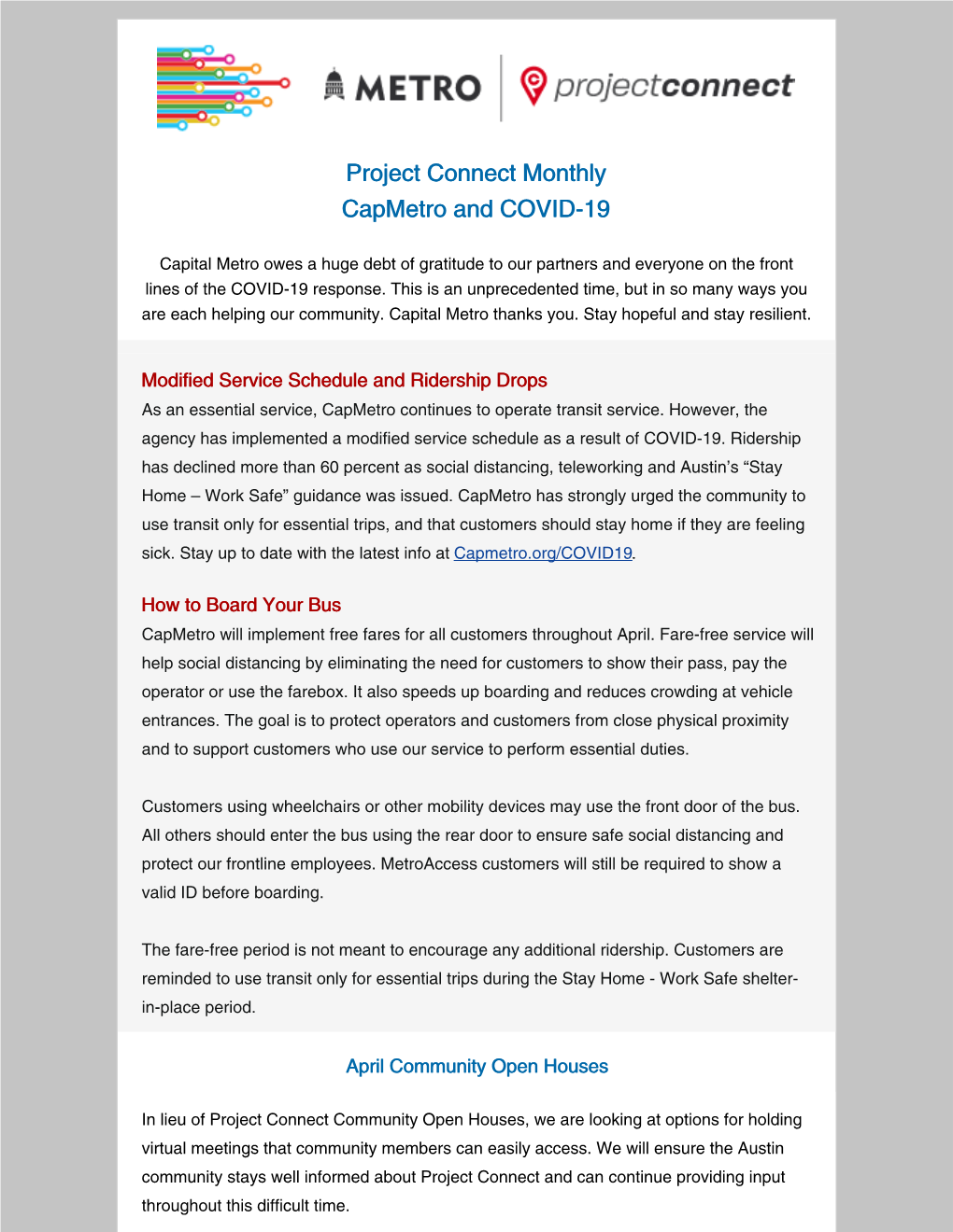 Project Connect Monthly Capmetro and COVID-19