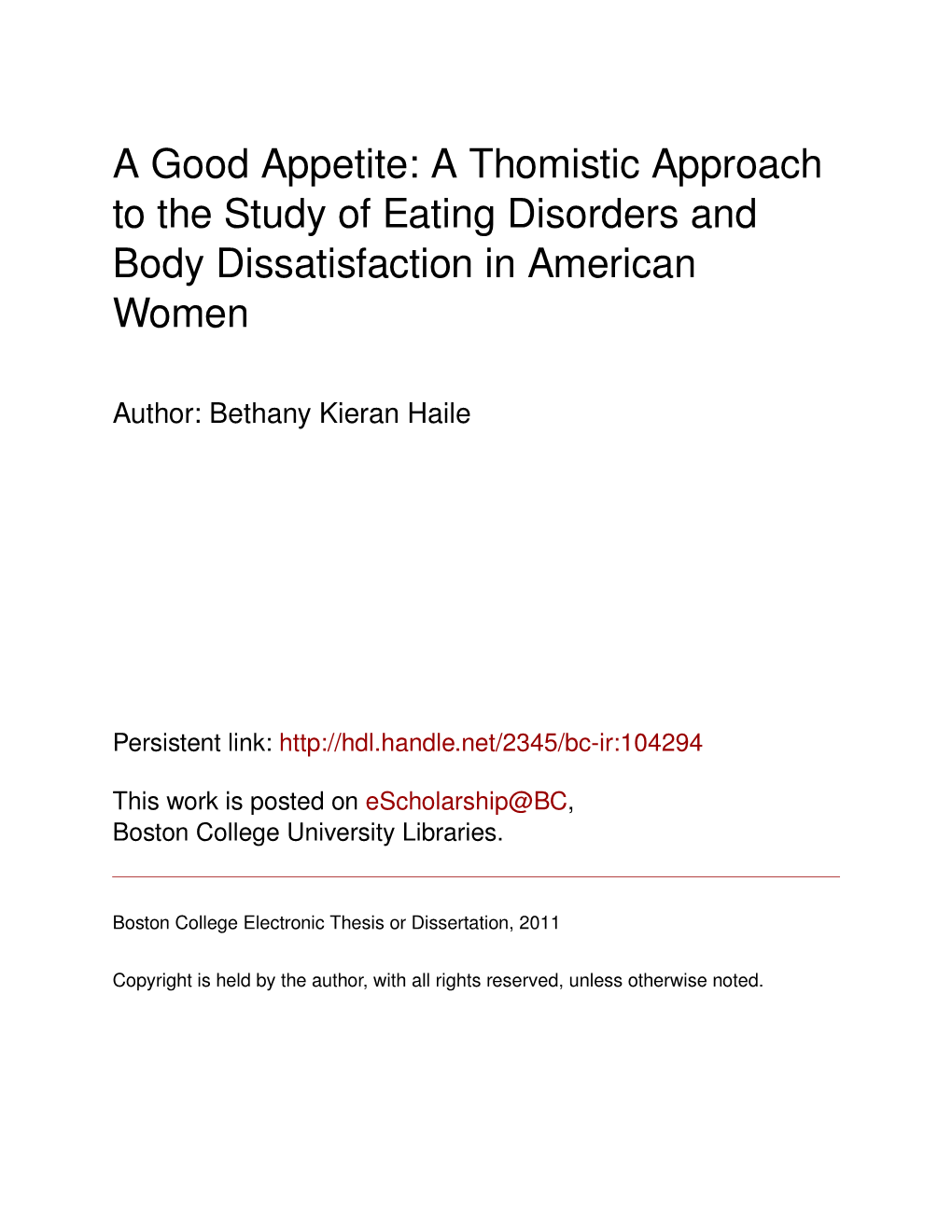 A Good Appetite: a Thomistic Approach to the Study of Eating Disorders and Body Dissatisfaction in American Women