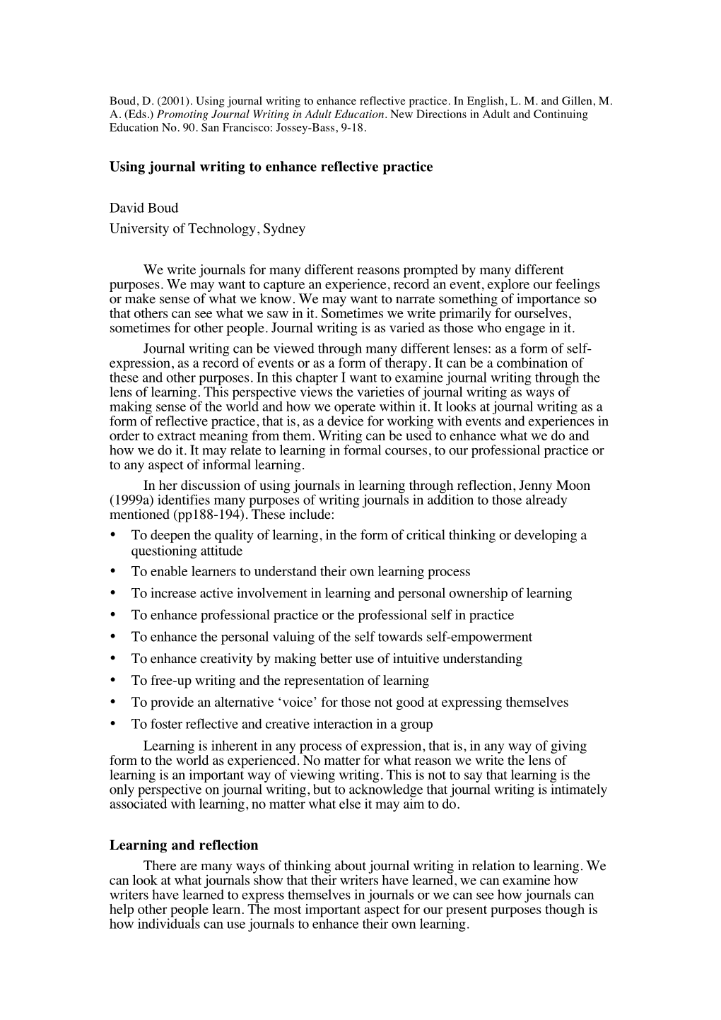 Using Journal Writing to Enhance Reflective Practice