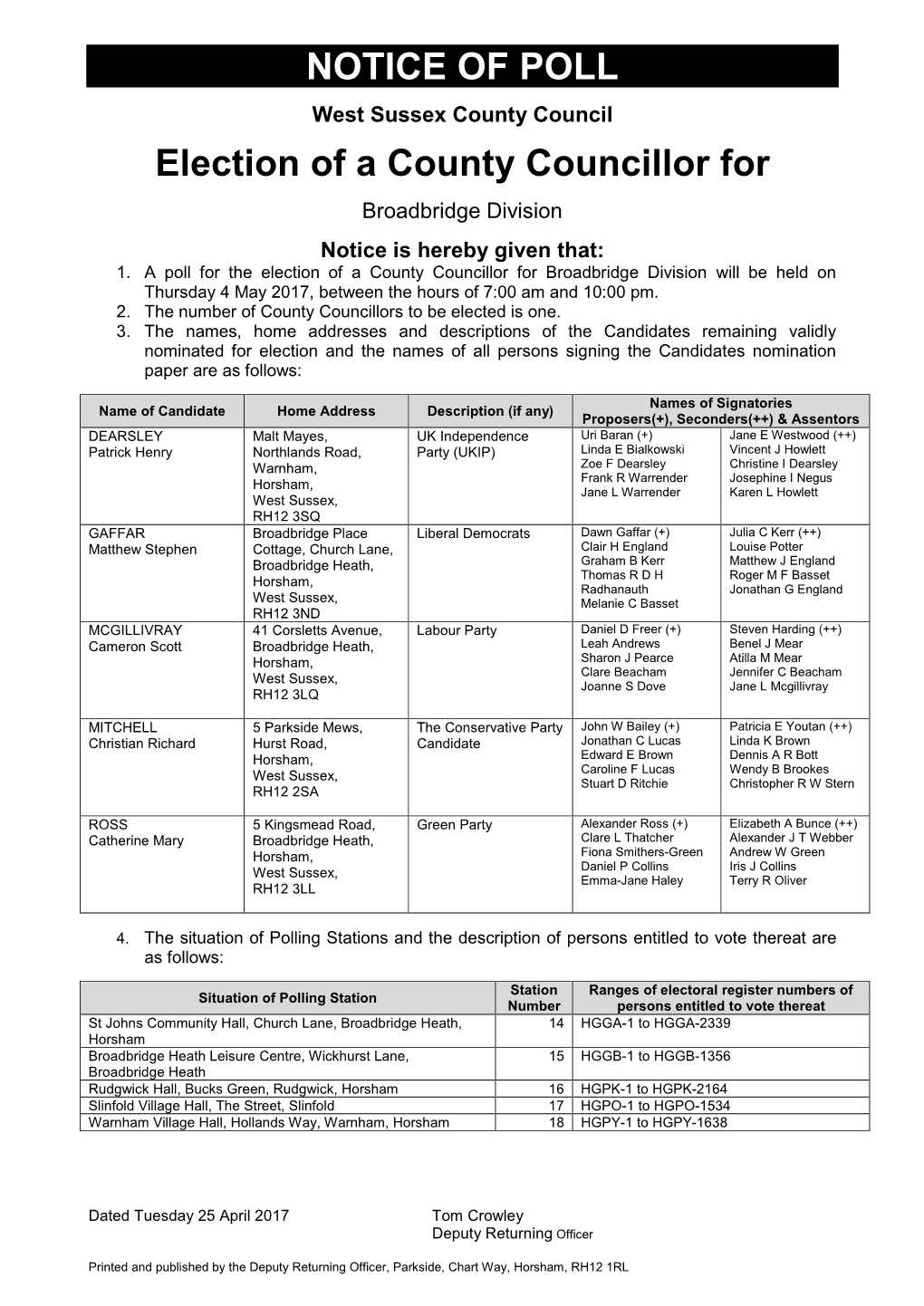 NOTICE of POLL Election of a County Councillor