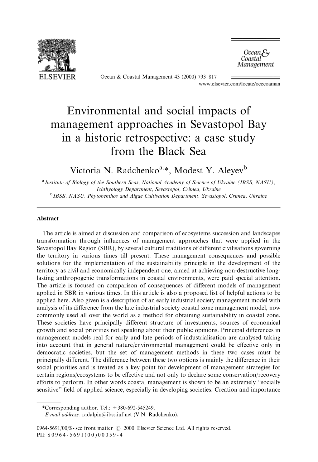Radchenko & Aleyev. 2000. Enevironemental & Social Impacts