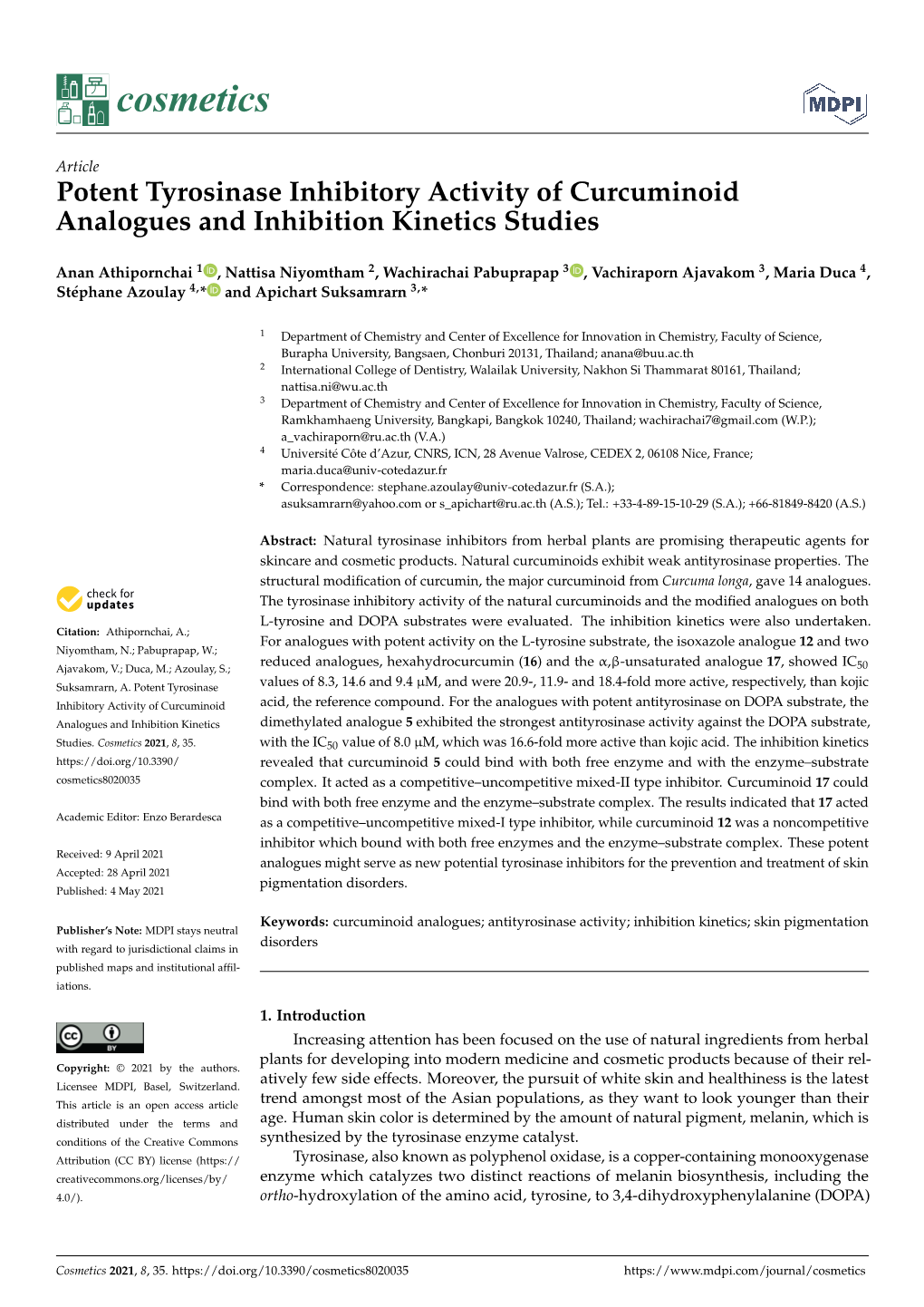 Potent Tyrosinase Inhibitory Activity of Curcuminoid Analogues and Inhibition Kinetics Studies